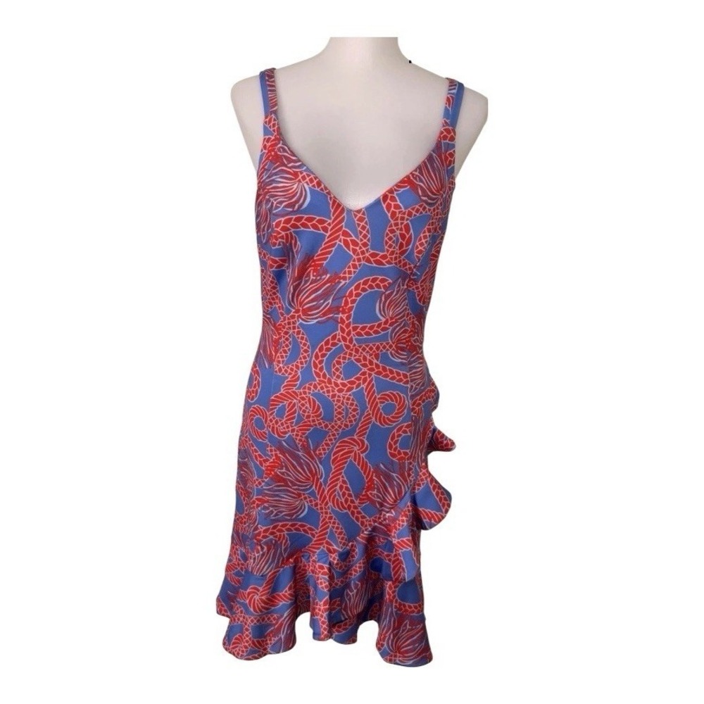 Gretchen Scott Rope Print/Tassel Time Svelt Dress Ruffled Stretch Womens XXS
